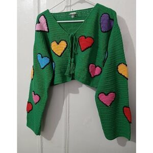 Handmade womens medium crochet emerald green granny square Cottagecore sweater